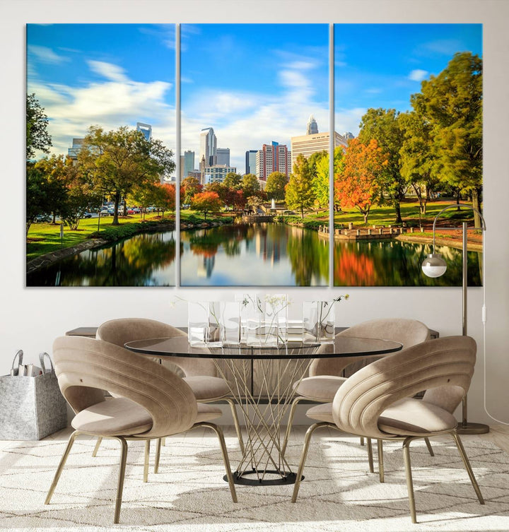 The Charlotte City Park at Spring Skyline Cityscape View wall art canvas print is a triptych featuring a scenic park with a lake and city skyline. It is gallery-wrapped on museum-quality canvases.