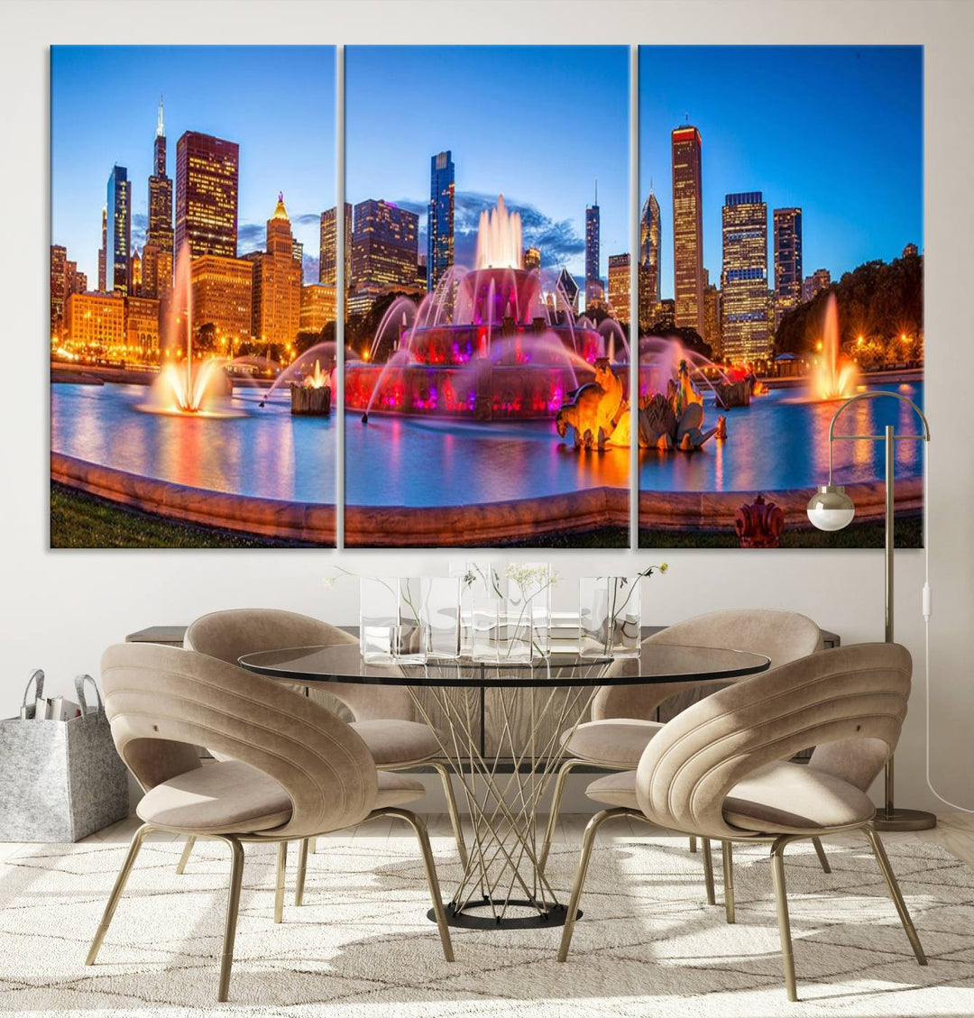 Chicago City Colorful Lights Night Skyline Cityscape View Wall Art Canvas Print