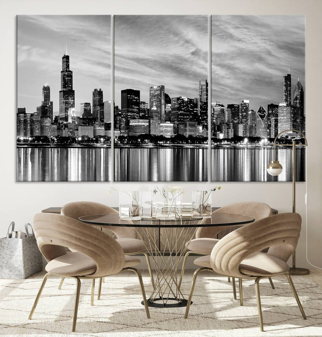 Chicago City Cloudy Skyline Black and White Wall Art Cityscape Canvas Print