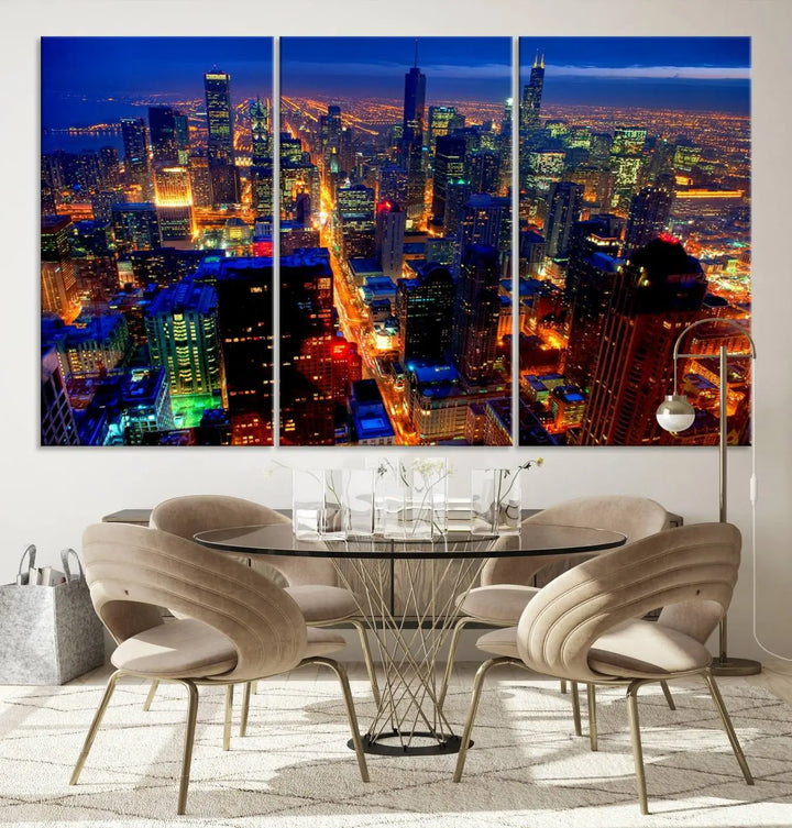 The "Chicago Night Skyline Wall Art" on museum-quality canvas adds long-lasting appeal to the living room.