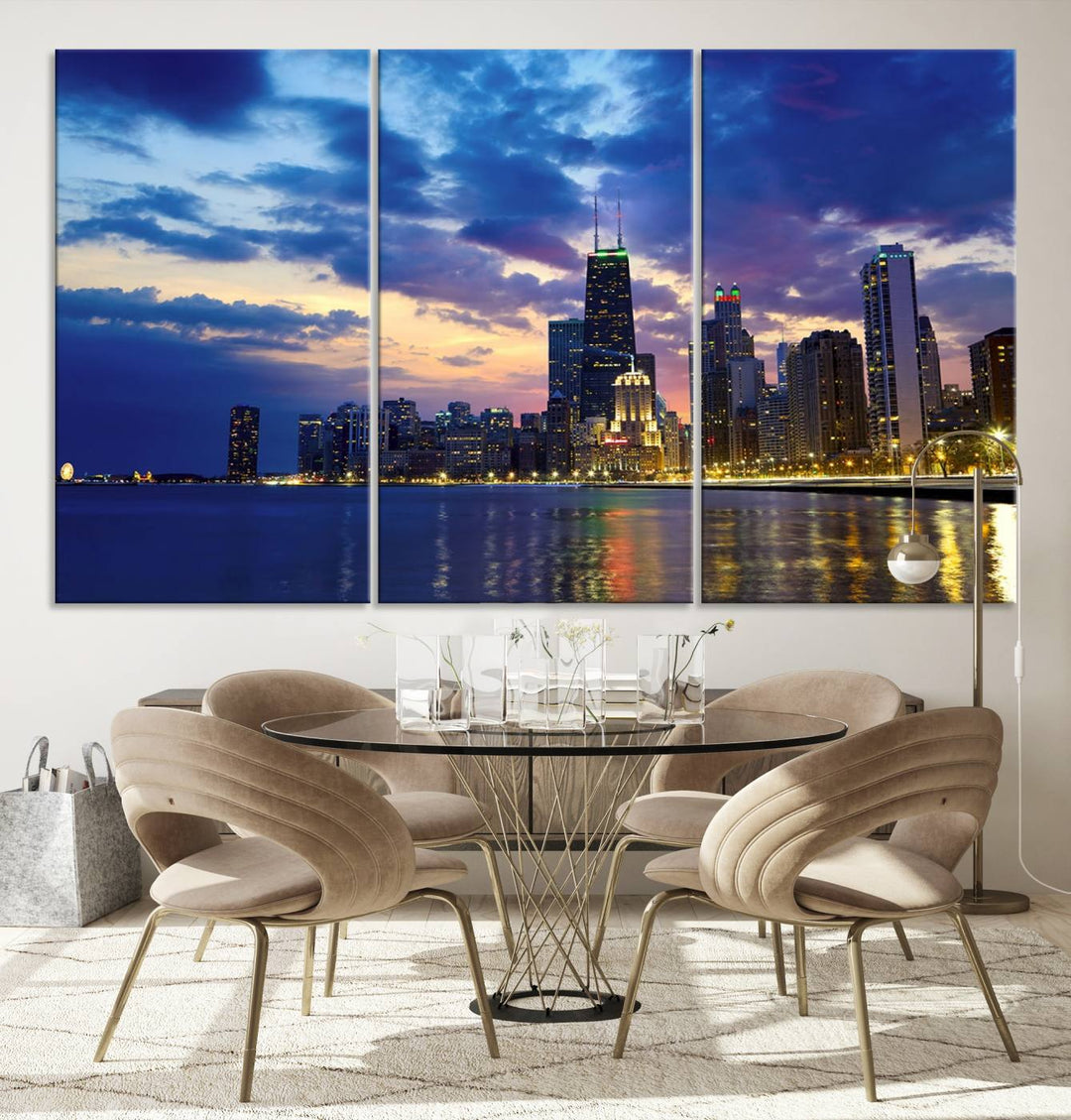 Chicago City Lights Night Cloudy Blue Skyline Cityscape View Wall Art Canvas Print