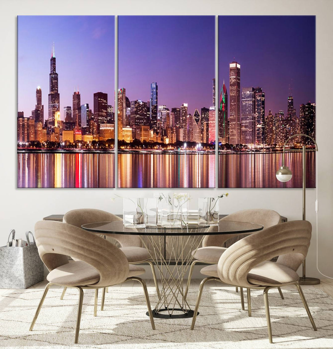 Chicago City Lights Night Purple Skyline Cityscape View Wall Art Canvas Print