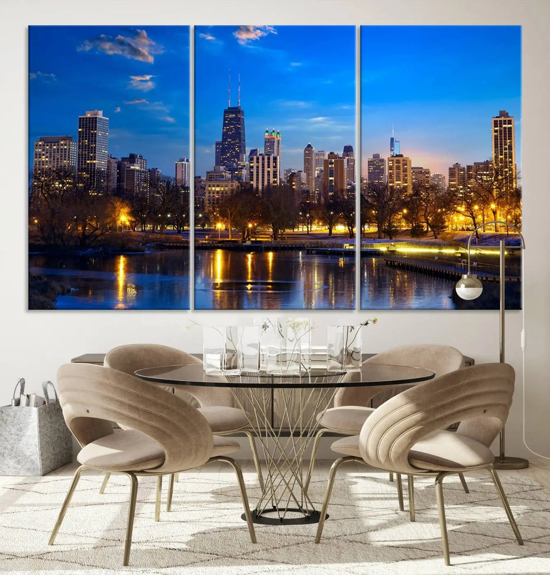 A triptych photo titled "Chicago City Lights Night Blue Skyline Cityscape View Wall Art Canvas Print" is elegantly displayed on gallery-wrapped, museum-quality canvases.