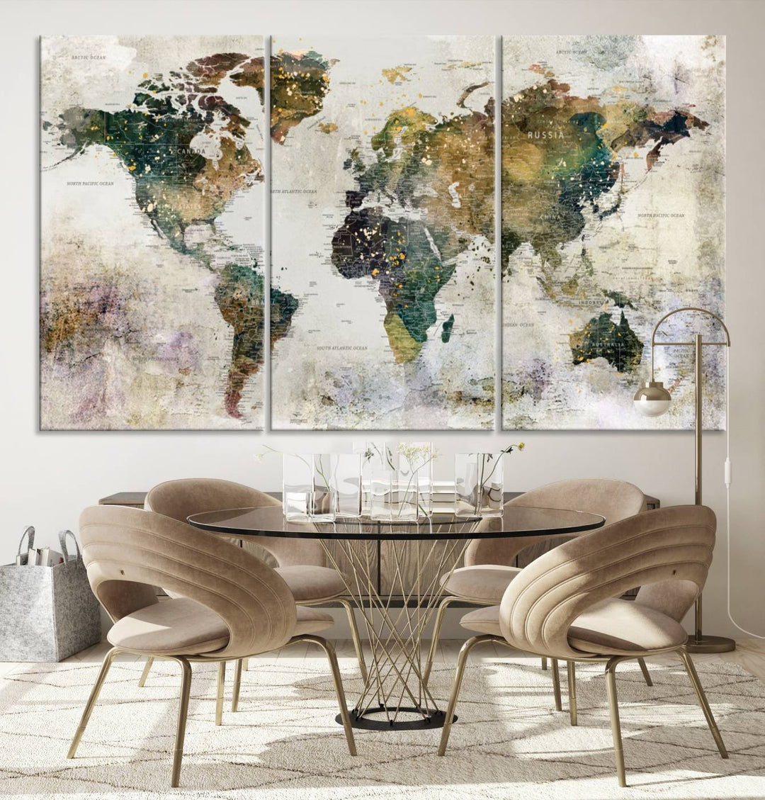 Impresión de arte de pared de mapa del mundo grande - Mapa en lienzo Galería Juego de pared de 3 paneles Regalo para mapa de viajero