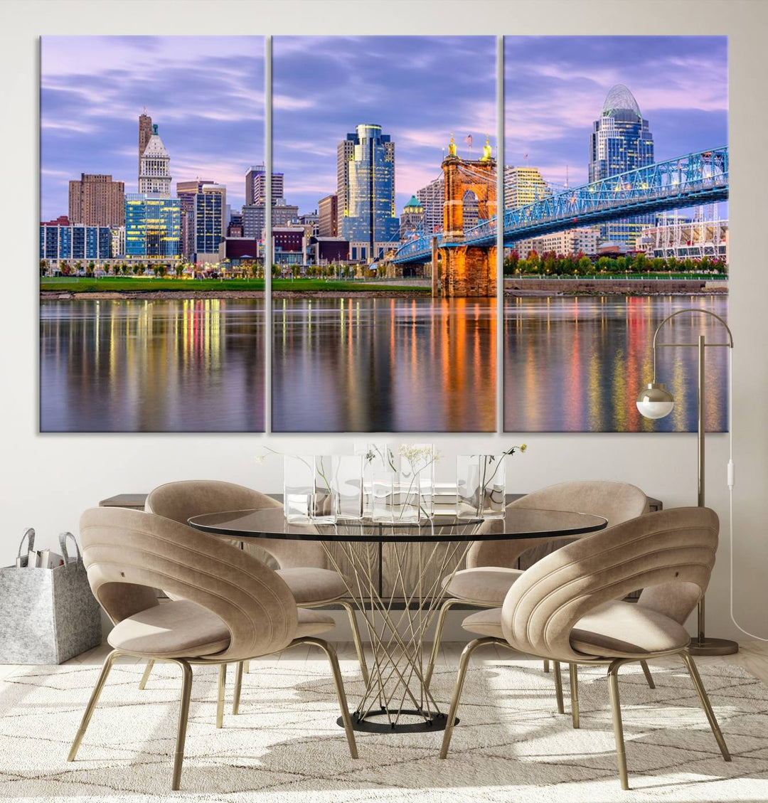 The wall art titled "Cincinnati City Lights Sunset Purple Cloudy Skyline Cityscape View" is beautifully printed on museum-quality canvases with a UV-protective coating and is ready to hang.