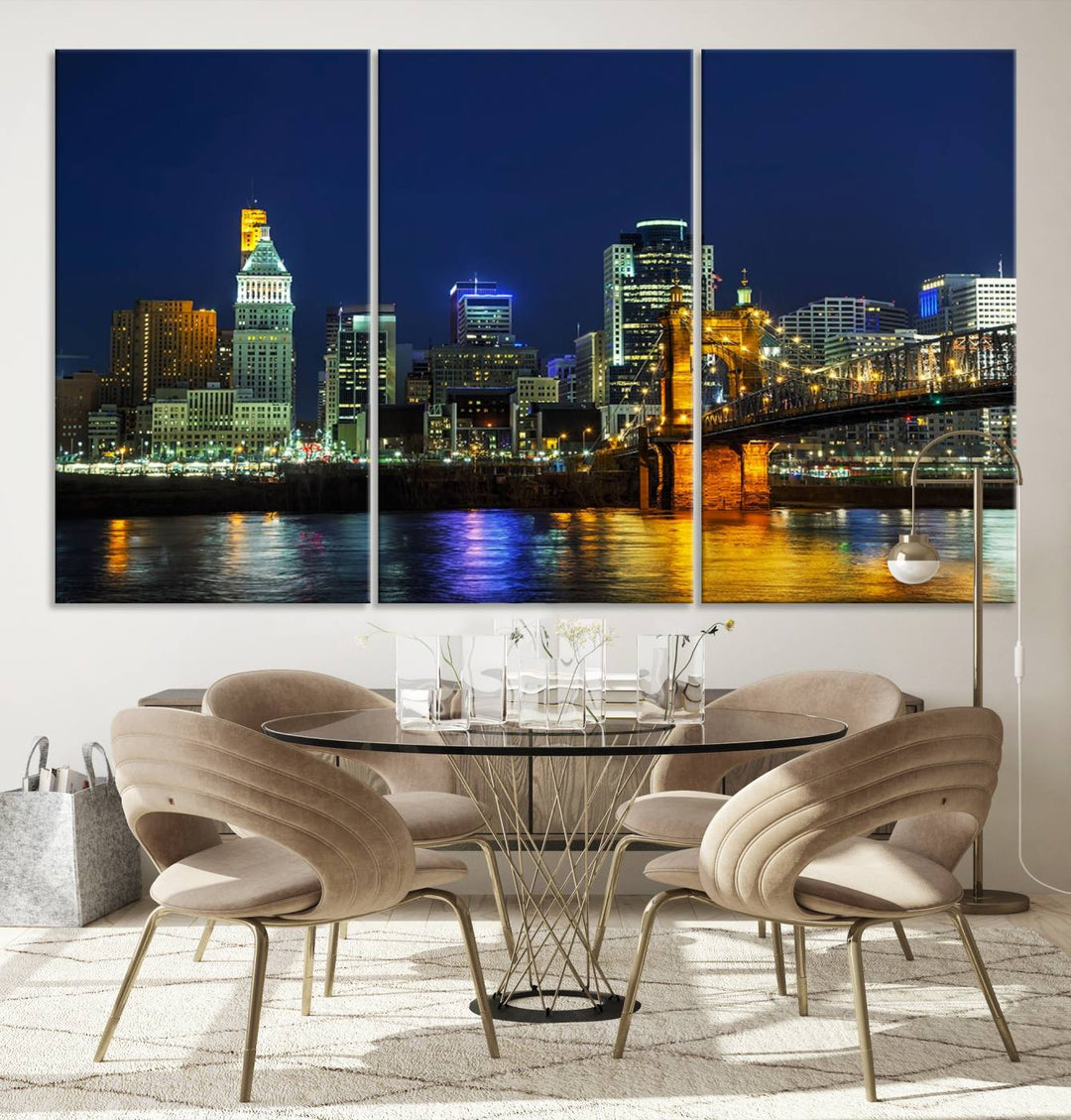 The "Cincinnati City Lights Night Skyline Cityscape" canvas print, displayed above a sofa, exhibits museum-quality craftsmanship with a UV-protective coating.