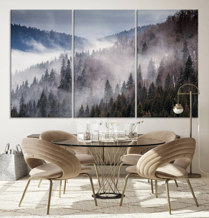 The "Beautiful Rising Fog in Winter Mountain Landscape" wall art is presented on museum-quality canvas, adding a striking visual element to the living room.