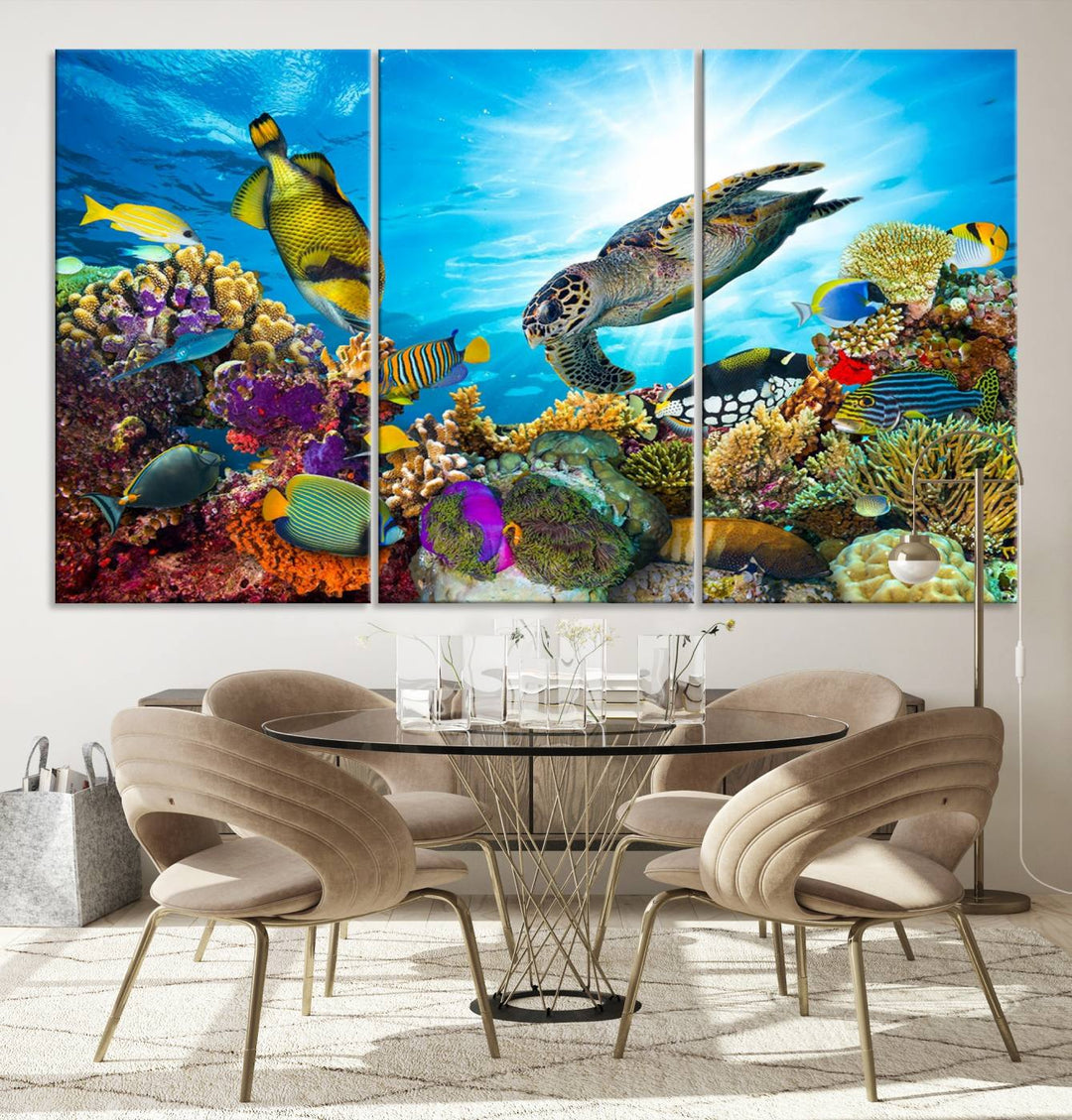 The Aquatic Life Sea Turtles Fish Wall Art Canvas Print is a triptych of vibrant underwater scenes featuring a sea turtle, various fish, and colorful coral. Crafted on museum-quality canvas, this handcrafted masterpiece brings the ocean to life in any space.