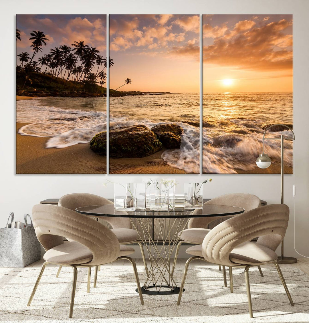 The "Tropical Island Sunset Sunrise Wall Art Canvas Print" is a stunning triptych that showcases a tranquil beach sunset complete with waves and palm trees. Each canvas piece is meticulously hand-assembled and framed using museum-quality polycotton with a UV-protective coating to ensure enduring beauty.