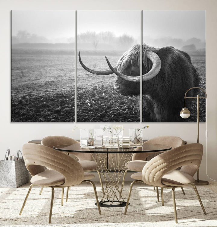 The living room features a three-panel wall art of a highland cow in a foggy field, using the Cow Wall Art Canvas Print for visual impact. This museum-quality canvas includes UV-protective coating to ensure longevity.