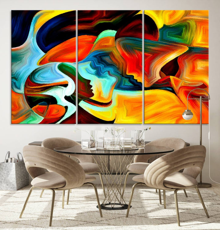 The "Human Love Figures Abstract Wall Art Canvas Print" adds a stylish touch to the dining area, featuring vibrant three-panel artwork on museum-quality canvases with UV-protective coating.