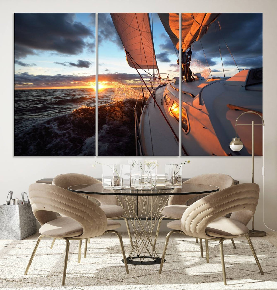 The modern living room is adorned with the Ocean Sunset Sailboat Wall Art, a triptych crafted on museum-quality canvas featuring UV-protective coating for lasting vibrancy.