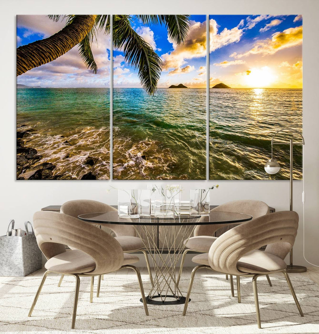 The Sunset Lake View Wall Art Canvas Print, gallery wrapped on a museum-quality canvas, enhances the vibrant living room decor with its UV-protective coating.