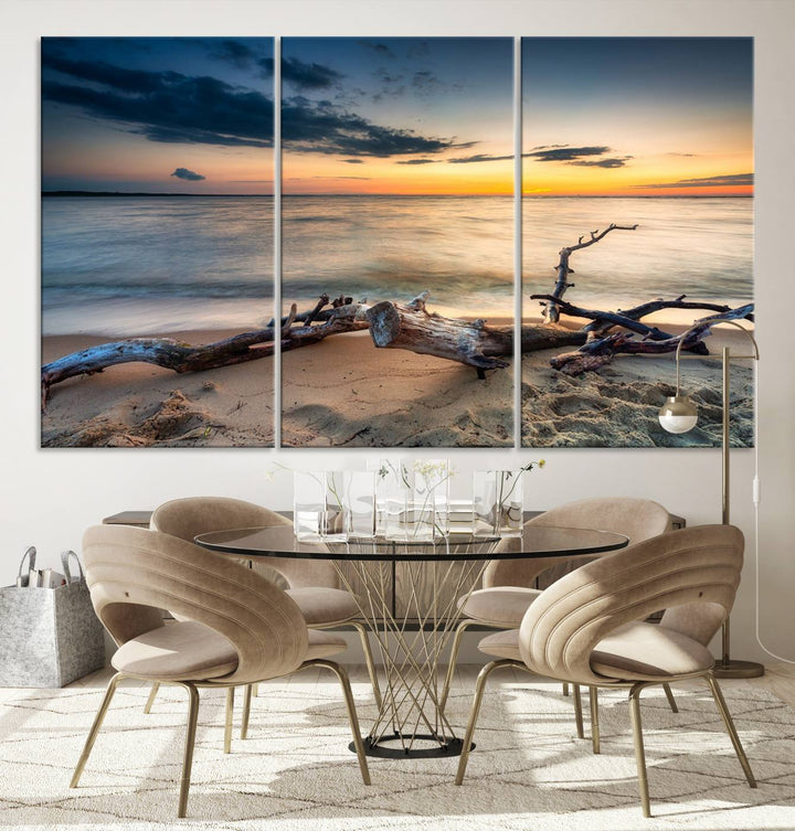 A captivating piece of Ocean Sunset Beach Wall Art Canvas Print, gallery wrapped, graces the gray wall.