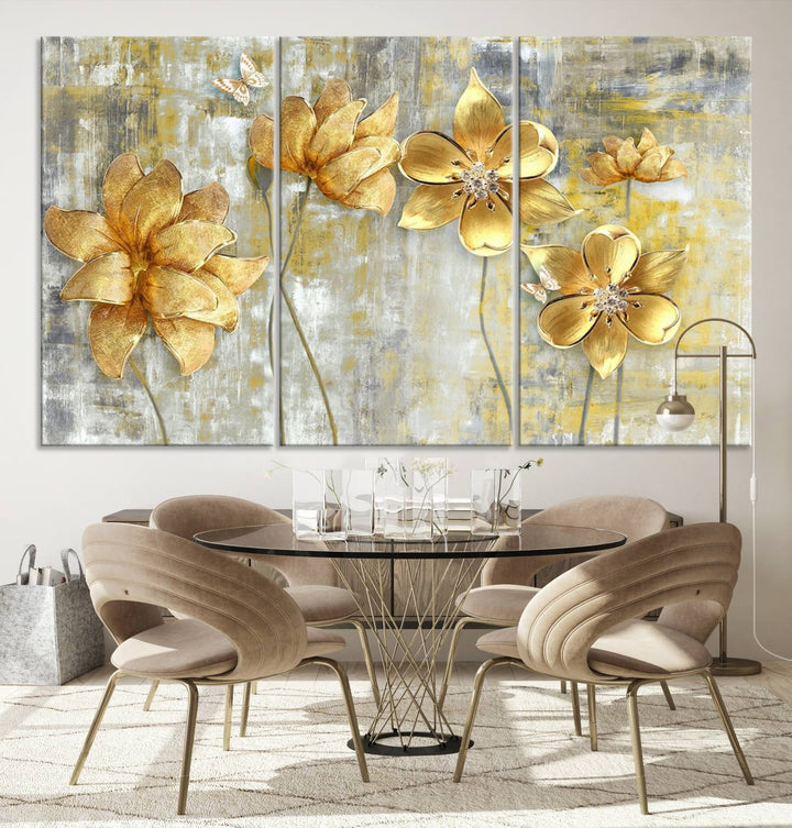 Lienzo decorativo para pared grande con flores doradas