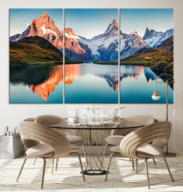 The living room features the Landscape Mountain and Lake View Wall Art Canvas Print. This triptych is expertly handmade in the USA on museum-quality canvas and includes a UV-protective coating to ensure lasting beauty.