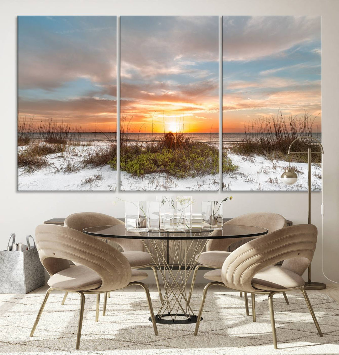 The Beach Ocean Sunset Sand Wall Art Canvas Print is expertly crafted on museum-quality canvases with a UV-protective coating.