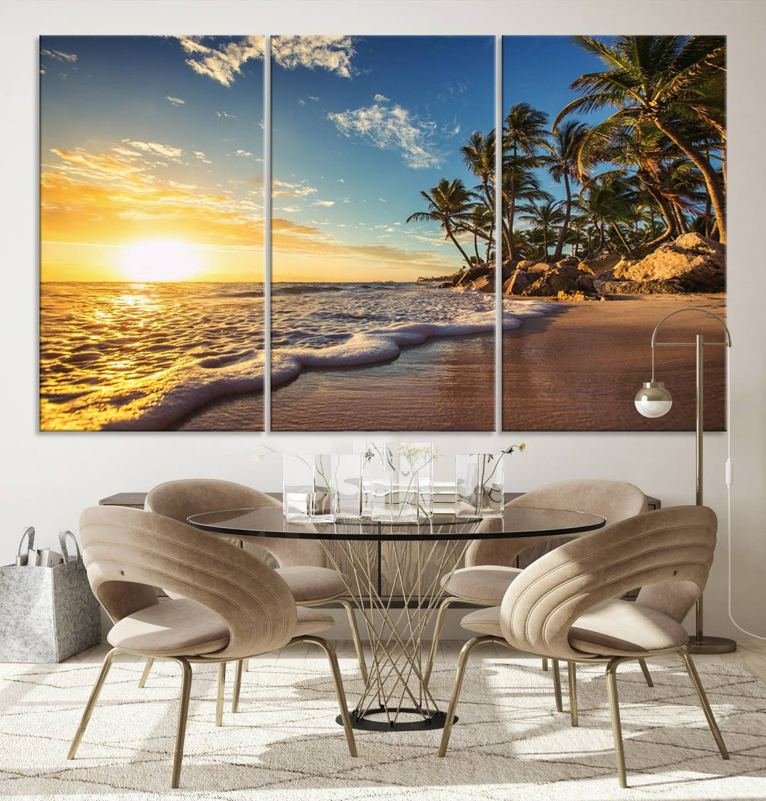 The wall features a Sunset Ocean View Beach Canvas Print, showcasing museum-quality craftsmanship by professional artisans.