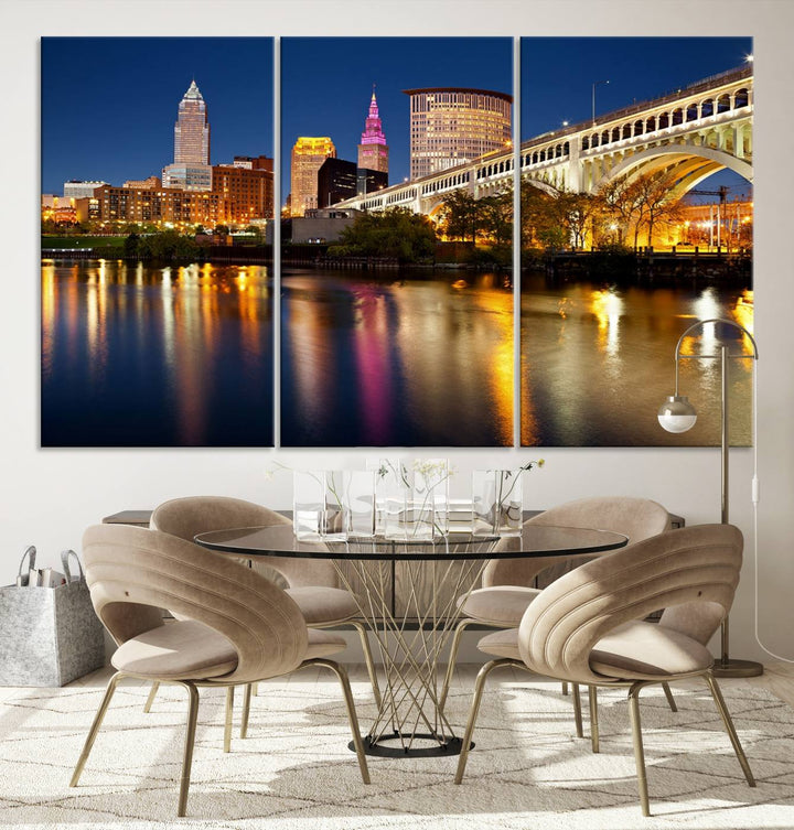 The "Cleveland Night Skyline Wall Art City Cityscape Canvas Print" is a striking feature in the room, showcasing a city skyline with a bridge reflecting in a river. Displayed on museum-quality canvas, it offers enduring beauty.