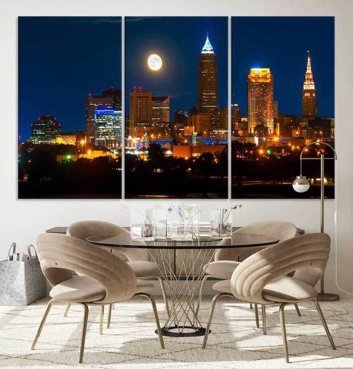 The "Cleveland Night Skyline Wall Art City Cityscape Canvas Print" adds elegance to the room with its depiction of a city skyline and full moon on museum-quality canvas. The artwork is enhanced by a UV-protective coating to ensure lasting brilliance.