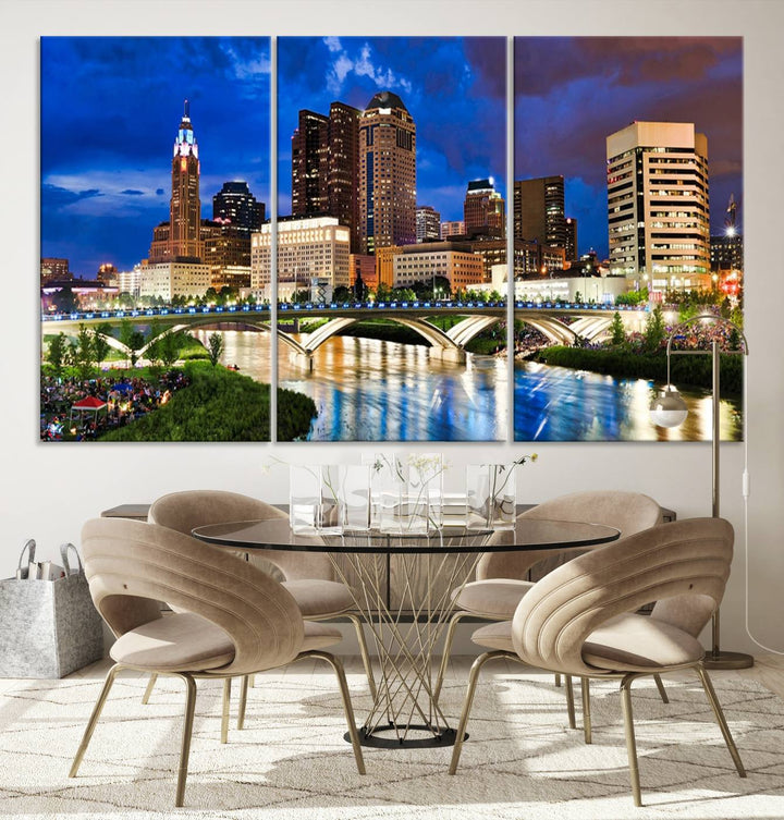 The Columbus City Lights Night Bright Blue Cloudy Skyline Cityscape View Wall Art Canvas Print, crafted on museum-quality canvas and finished with a UV-protective coating, adorns the wall.