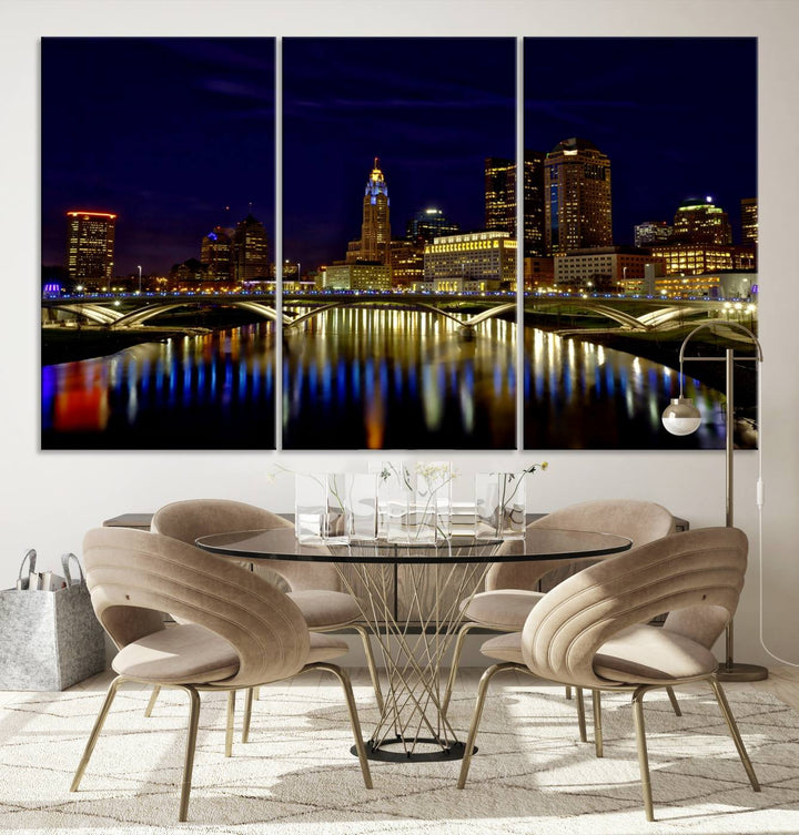 The "Columbus City Lights Night Skyline Cityscape View Wall Art Canvas Print" showcases a stunning city skyline at night, with illuminated buildings and bridges reflecting in the river, on a museum-quality canvas ready to hang.