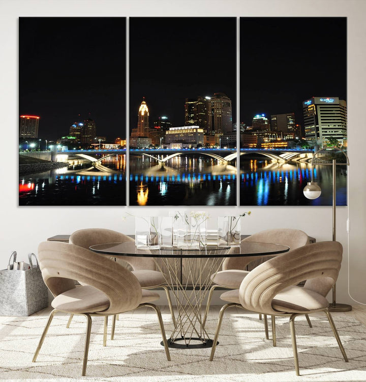 The "Columbus City Lights Night Skyline Cityscape View Wall Art Canvas Print" elegantly decorates the area, presented on museum-quality canvases that feature UV-protective coating to maintain their vibrant appearance.