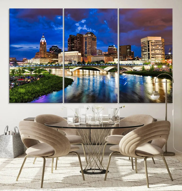 Columbus City Lights Night Bright Blue Cloudy Skyline Cityscape View Wall Art Canvas Print, gallery wrapped on museum-quality canvas, reflecting on a river.