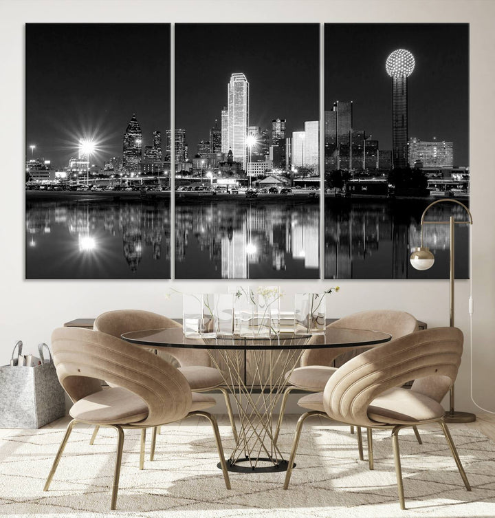 The living room showcases the Dallas City Lights Skyline Black and White Wall Art Cityscape Canvas Print. This museum-quality artwork is ready to hang and features a UV-protective coating to maintain its vibrant colors.