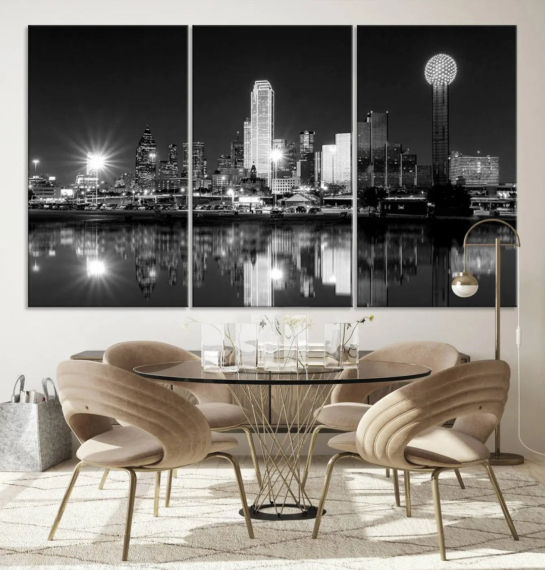 The Dallas City Lights Skyline Black and White Wall Art Cityscape Canvas Print is a striking addition to any space. These museum-quality canvases feature a UV-protective coating to maintain their beauty over time. Enjoy the convenience of free shipping when you choose this elegant piece for your home.