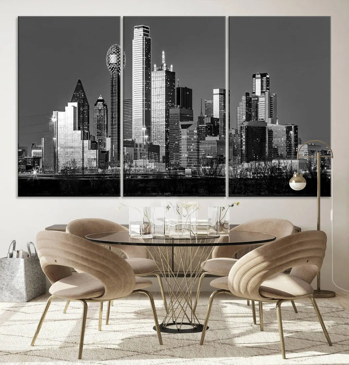 A black and white triptych of the Dallas city skyline is displayed, crafted on museum-quality canvas. This wall art piece is ready to hang, with each component adorned with a UV-protective coating to maintain its captivating appeal.