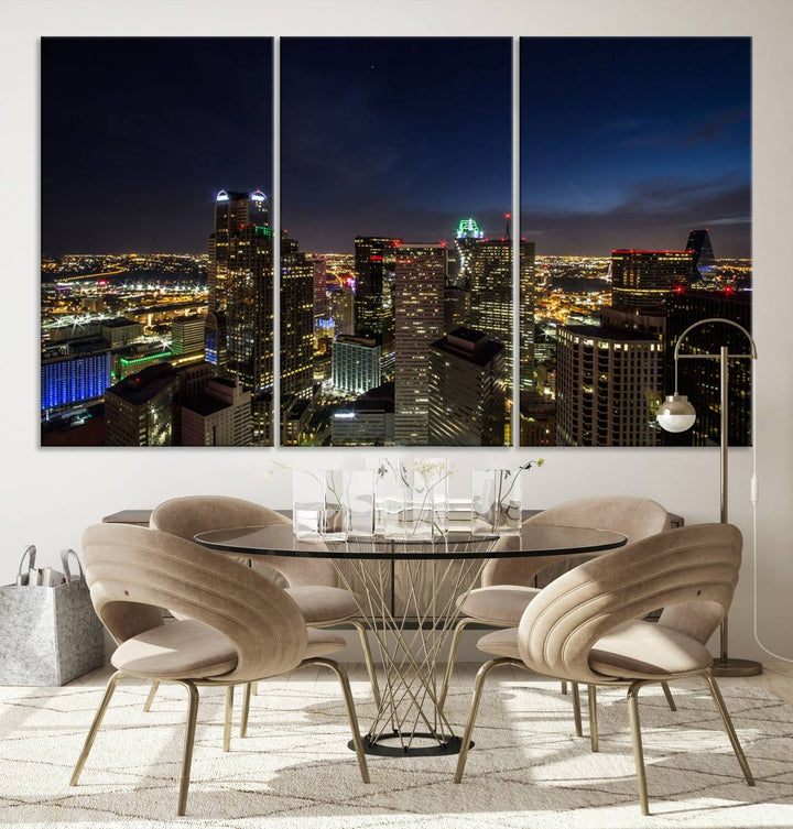 A living room showcasing a Dallas City Lights Night Skyline Cityscape View Wall Art Canvas Print, a three-panel artwork on museum-quality canvas with vibrant colors and durability.