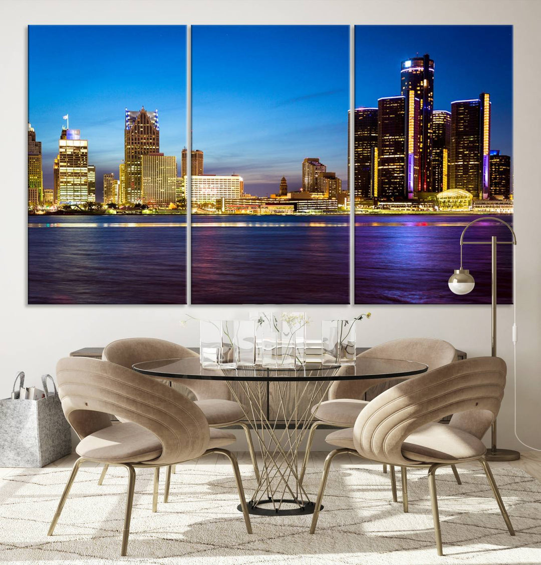 The living room features a breathtaking canvas print titled "Detroit City Lights Night Bright Blue Skyline Cityscape View," presented in a stunning triptych format on museum-quality canvases that are ready to hang.