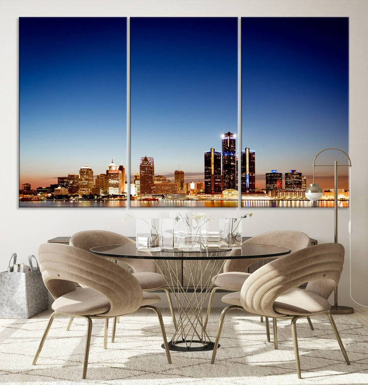 The Detroit City Lights Sunrise Skyline Cityscape View Wall Art Canvas Print adorns the modern living room. Crafted on museum-quality canvas with a UV-protective coating, this piece is ready to hang and elegantly elevates your décor.