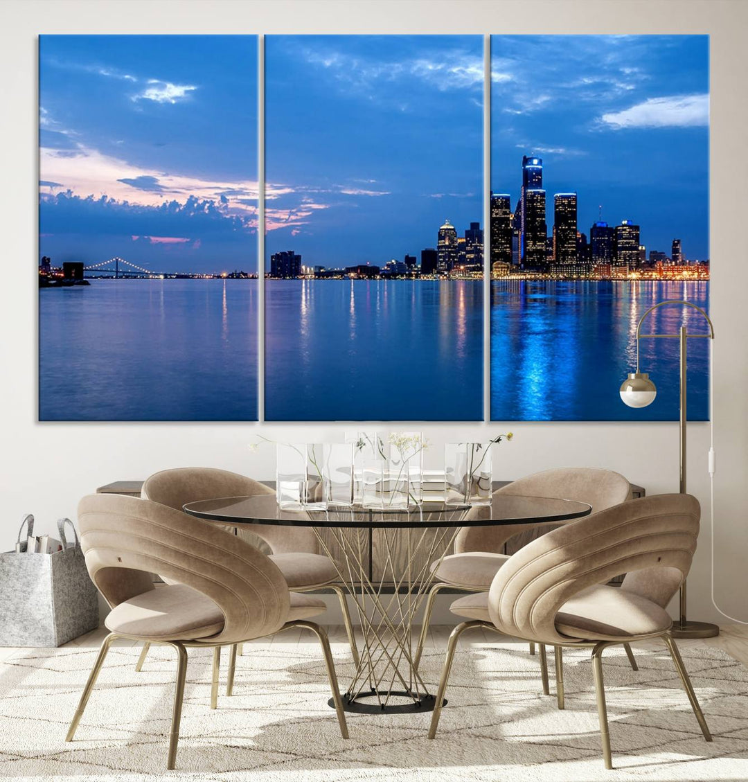 The "Detroit City Lights Night Blue Cloudy Skyline Cityscape View" wall art, displayed on museum-quality canvases, is split into three gallery-wrapped panels.