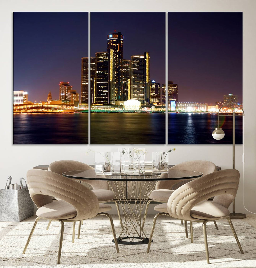 The Detroit City Lights Night Skyline Cityscape View Wall Art Canvas Print, elegantly split into three panels, is made from museum-quality pollycotton and gallery wrapped for a sophisticated touch. It is available with free shipping to effortlessly elevate your space.