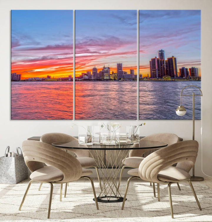 The Detroit City Lights Sunset Colorful Cloudy Skyline Cityscape View Wall Art Canvas Print showcases a vibrant city skyline at sunset over water. The artwork is museum-quality, comes ready to hang, and features a UV-protective coating to preserve its vivid colors.