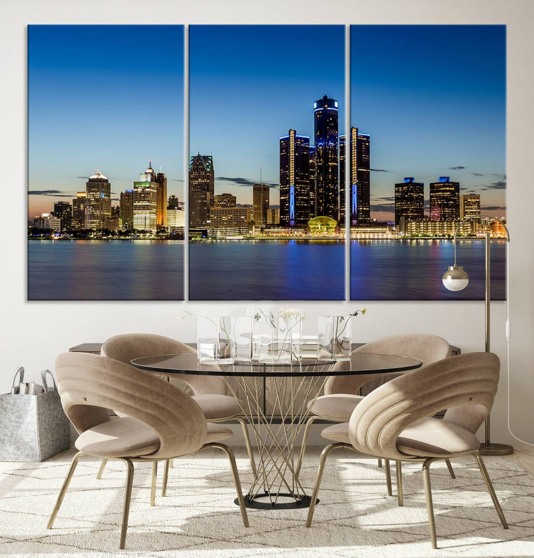 The "Detroit City Lights Sunrise Skyline Cityscape View Wall Art Canvas Print" on the wall is a triptych gallery-wrapped on museum-quality canvas, adding an elegant touch to the space.