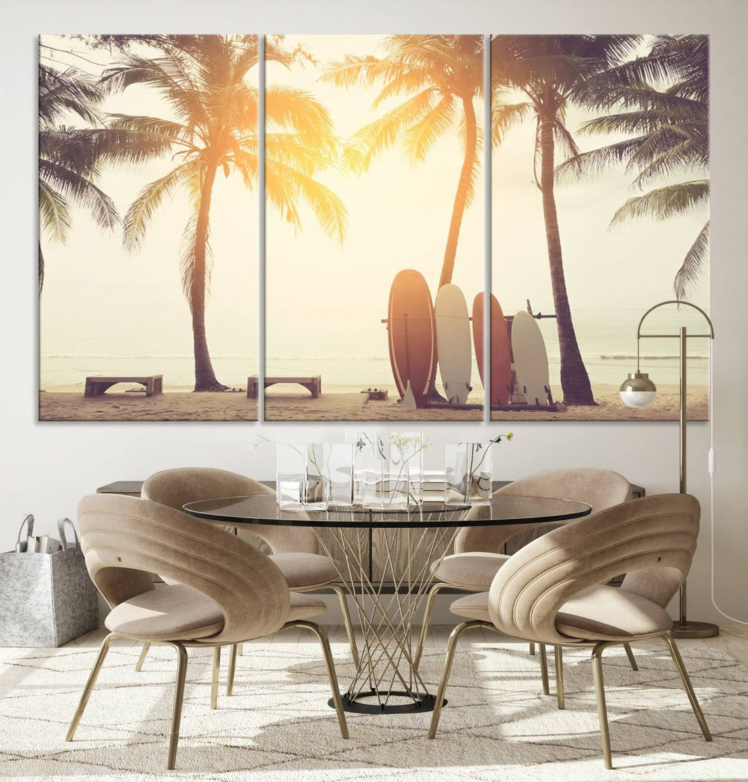 Surfboard and Palm Tree on Beach Double Exposure with Colorful Bokeh Sunset Light Wall Art Canvas