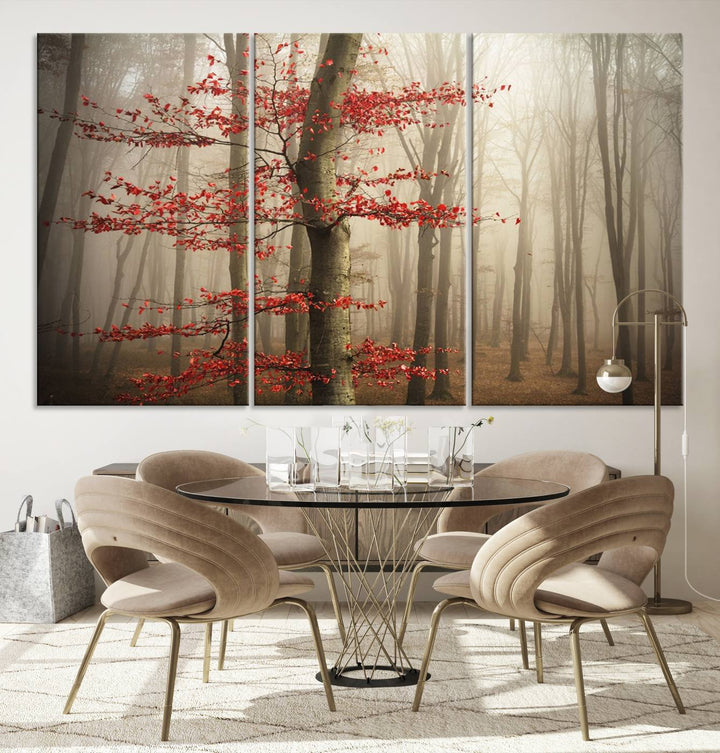 The living room features the Foggy Forest Wall Art, an Autumn Trees Canvas Print that showcases a serene nature scene with foggy woodland decor and a tree adorned in vibrant red leaves.