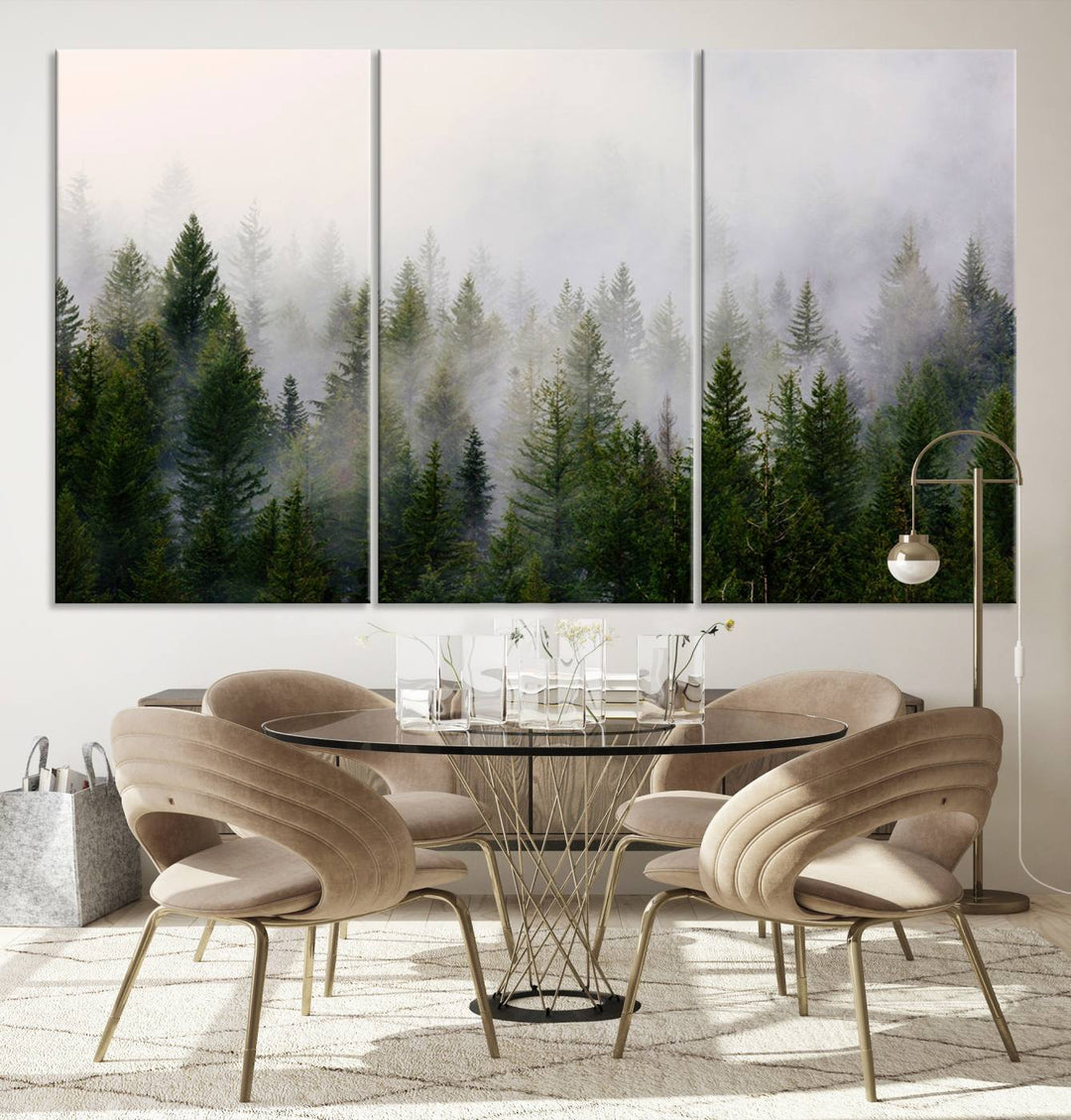 A 3-panel Misty Pine Forest Wall Art Canvas Print, featuring a green woodland scene, adorns the wall.