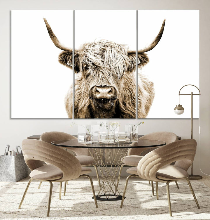 Lienzo de vaca de las Tierras Altas, arte de pared, decoración de granja, vaca, impresión en blanco y negro, decoración de pared rústica, pintura de animales, pared de vaca escocesa