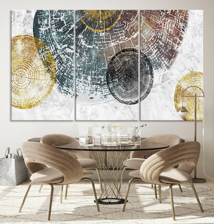 Contemporary living room showcasing the "Wood Lines" 3 Panel Abstract Wall Art Canvas Print displaying museum-quality tree ring art on the wall.