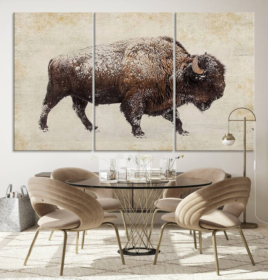 The "Buffalo Wall Art" canvas print, featuring a Western bison, hangs prominently, infusing the space with rustic cowboy and Western decor.