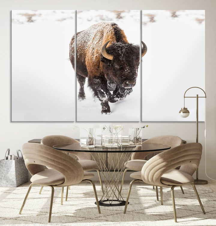 The Bison Winter Wall Art Canvas Print for Farmhouse Decor is displayed as a triptych in the living room. This artwork, printed on museum-quality canvases with a UV-protective coating to maintain its vibrant colors, is the focal point of the space.