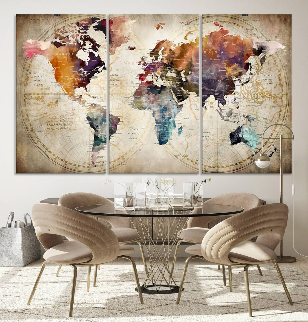 A World Map Wall Art Canvas Print featuring vibrant colors is crafted on museum-quality canvas, adding a touch of elegance to the room.