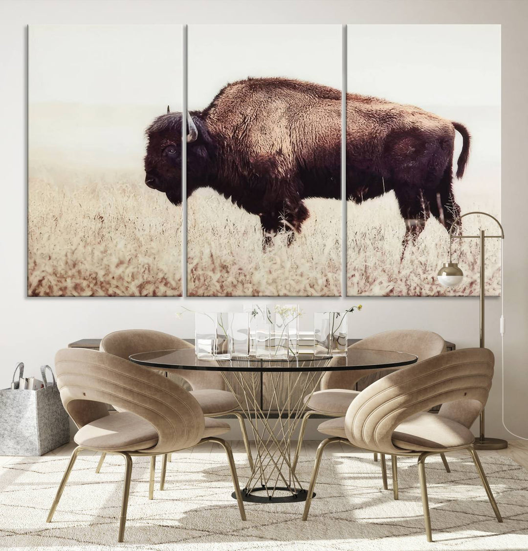 A stylish living room showcases the captivating "Bison in Field" Wall Art Canvas Print as farmhouse decor.