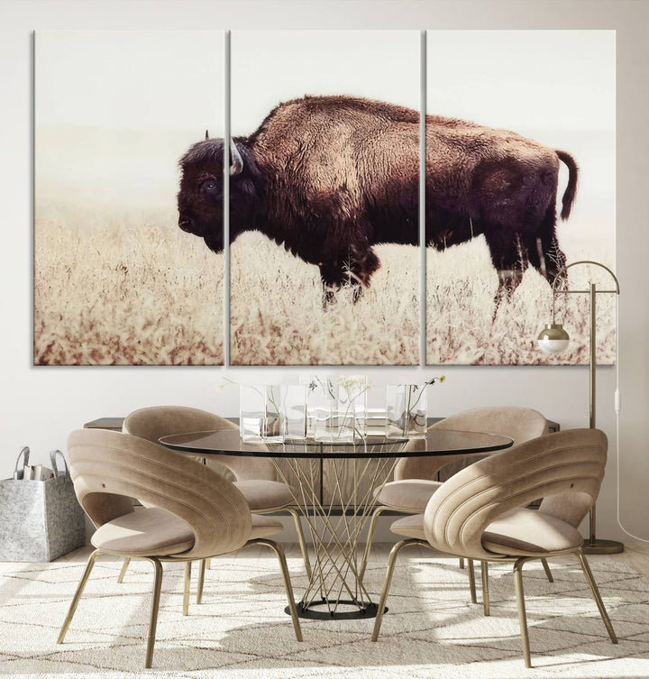 A stylish living room showcases the captivating "Bison in Field" Wall Art Canvas Print as farmhouse decor.