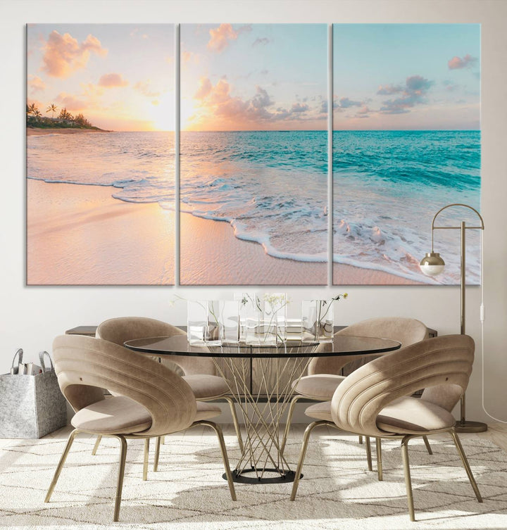 Beach Sunrise Wall Art, Coastal Seascape Canvas Print, Ocean Wave Multi-Panel Giclee, Coastal Sunset Beach Scene for Modern Decor