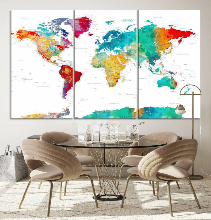 A stunning Colorful World Map Triptych Canvas Print, featuring a ready-to-hang framed design, adds vibrancy and modern flair to the space, effortlessly elevating the entire home décor.